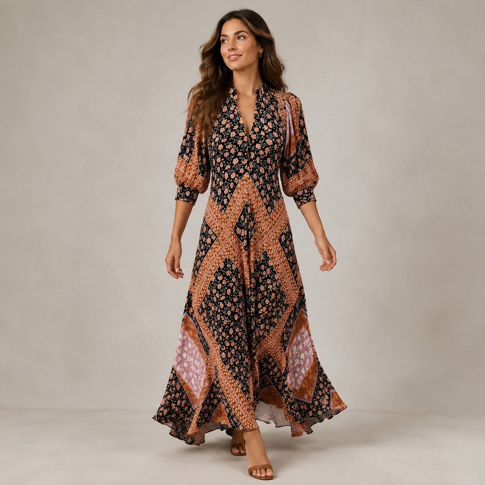 Jen's Pirate Booty Wildflower Echo Maxi Dress Small Boho Floral Patchwork Lurex